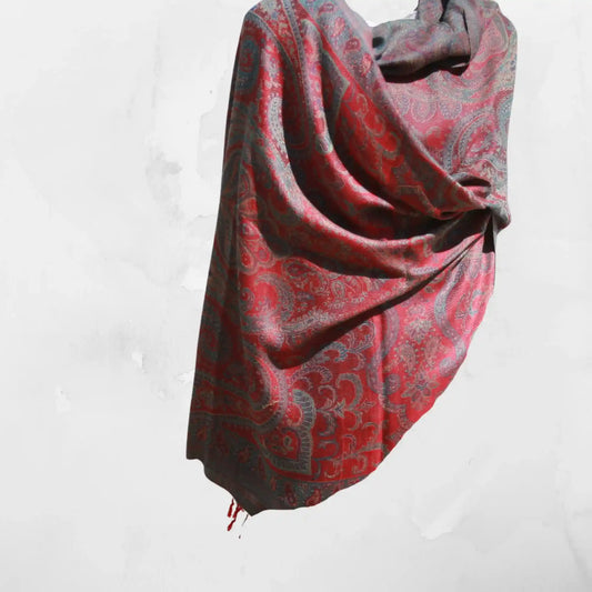 Cashmere Silk Jacquard Wrap – Crimson Paisley – Red Blue