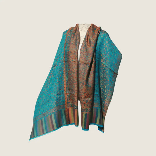 Cashmere Silk Jacquard Wrap – Teal Paisley – Blue Flower Stripe