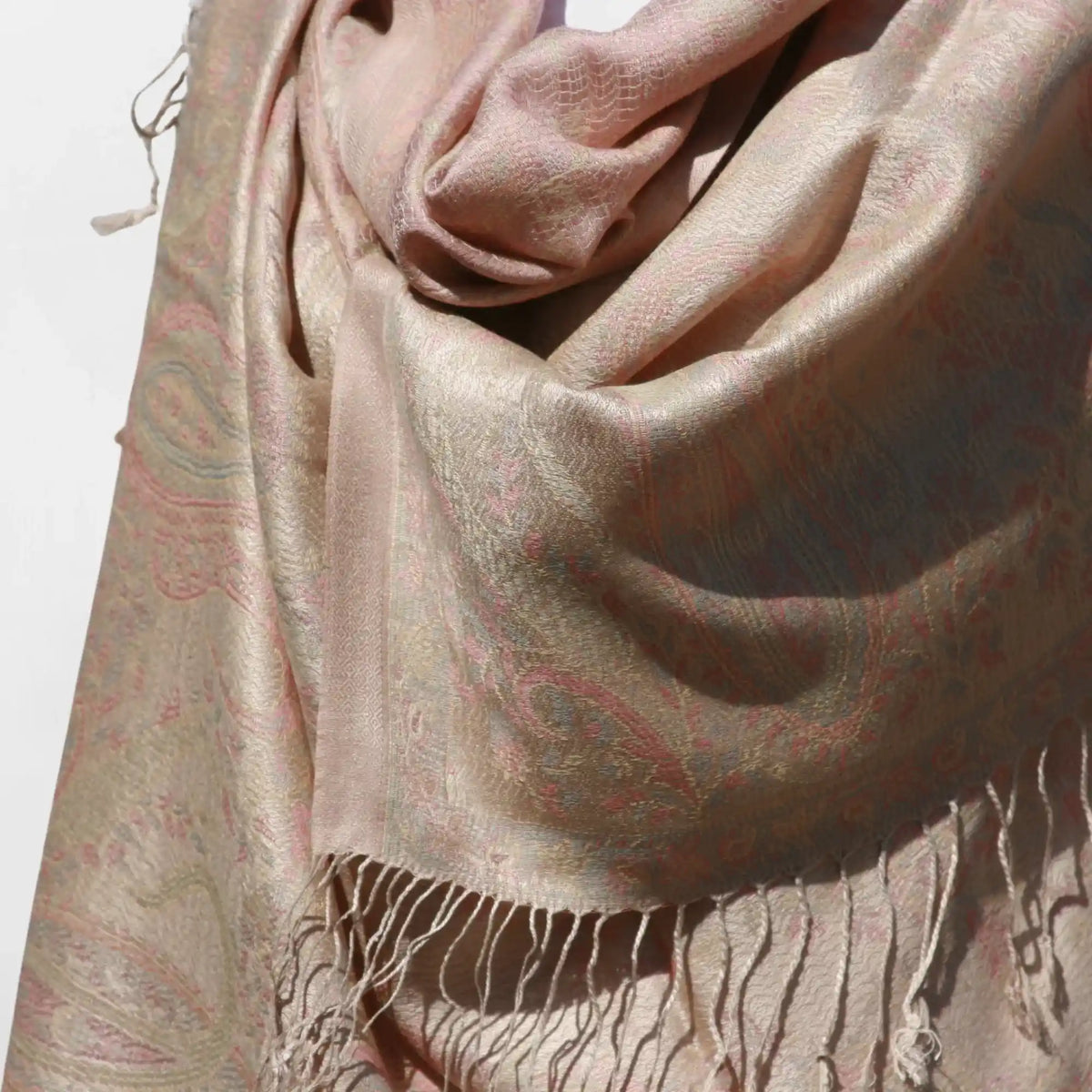 Cashmere Silk Jacquard Wrap – Dust Paisley – Soft Golden Dusty Rose