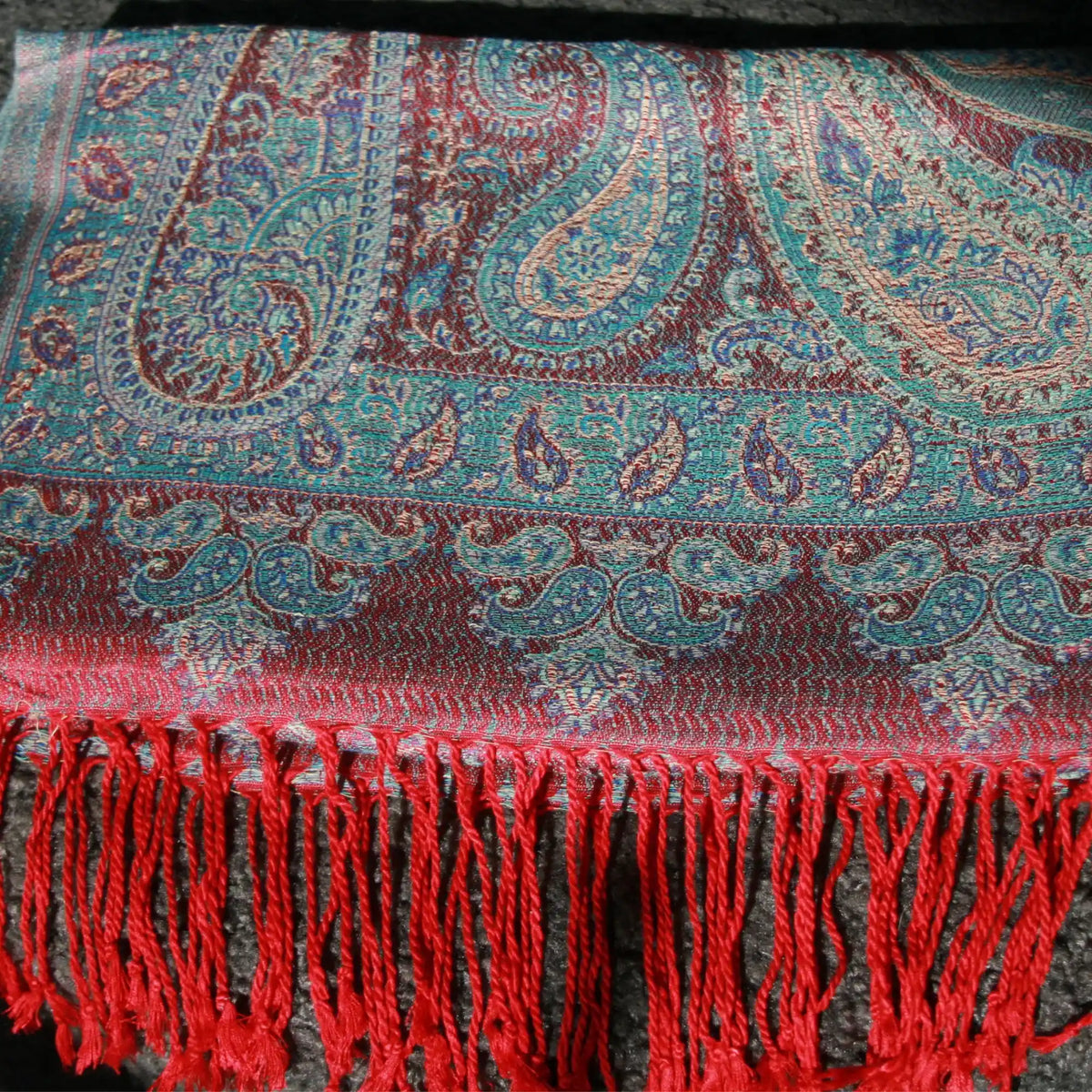 Cashmere Silk Jacquard Wrap – Crimson Paisley – Red Blue