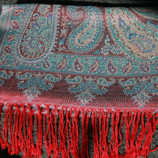 Cashmere Silk Jacquard Wrap – Crimson Paisley – Red Blue