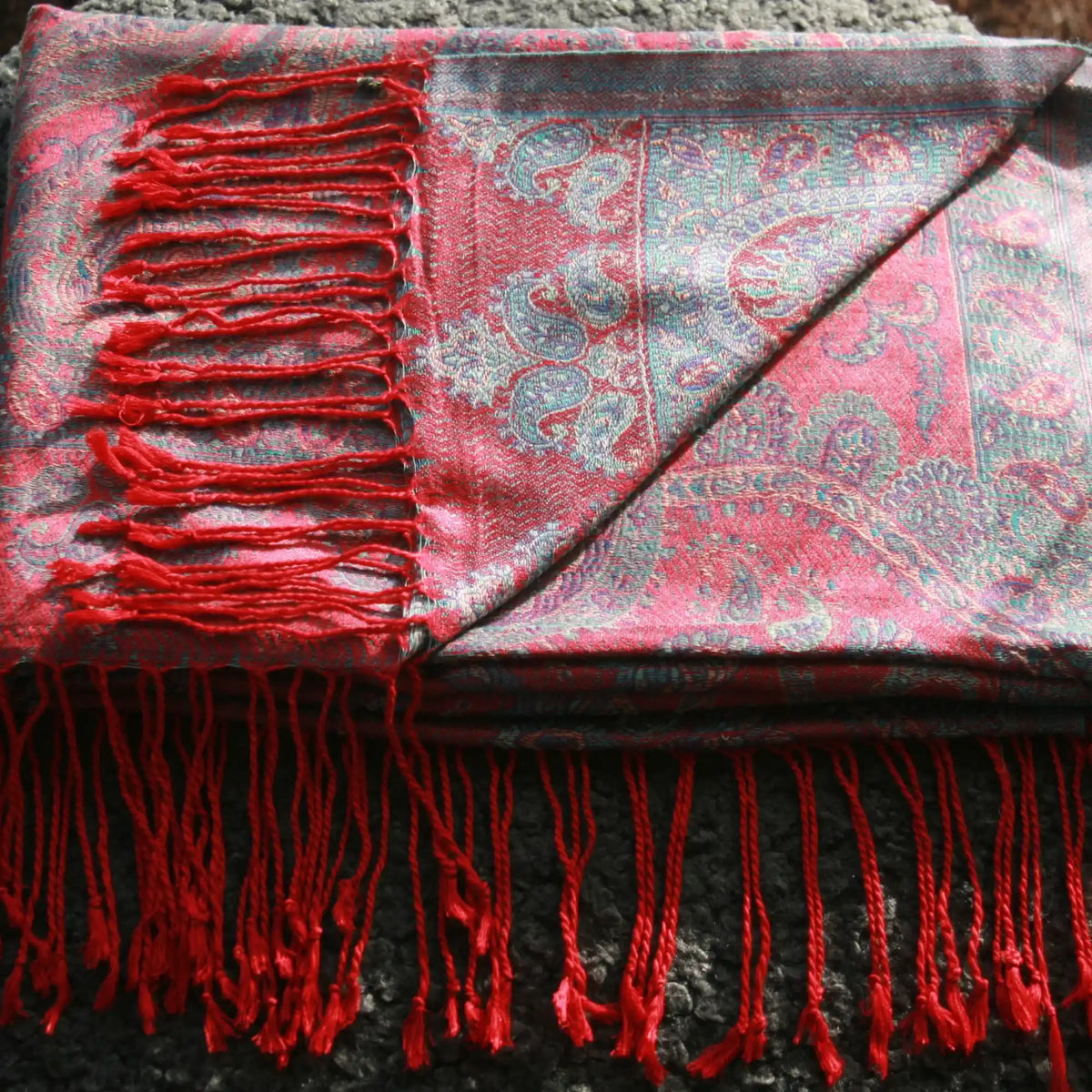 Cashmere Silk Jacquard Wrap – Crimson Paisley – Red Blue