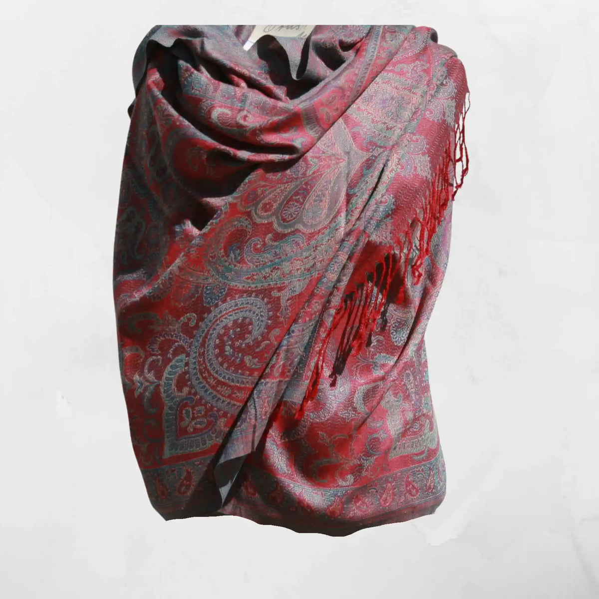 Cashmere Silk Jacquard Wrap – Crimson Paisley – Red Blue