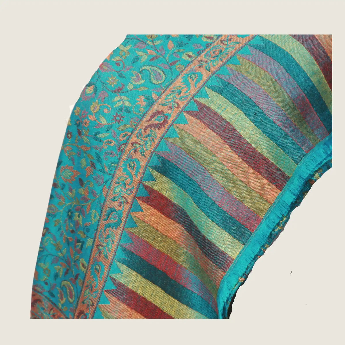 Cashmere Silk Jacquard Wrap – Teal Paisley – Blue Flower Stripe