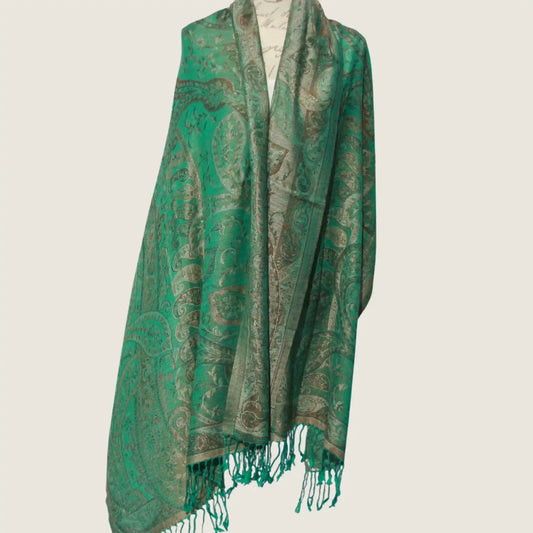 Cashmere Silk Jacquard Wrap – Emerald Paisley – Green Gold