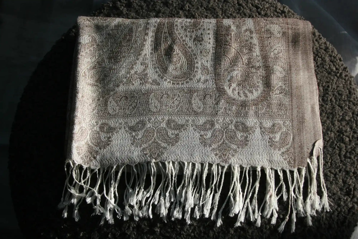 Cashmere Silk Jacquard Wrap – Sand Paisley – Sand/Brown
